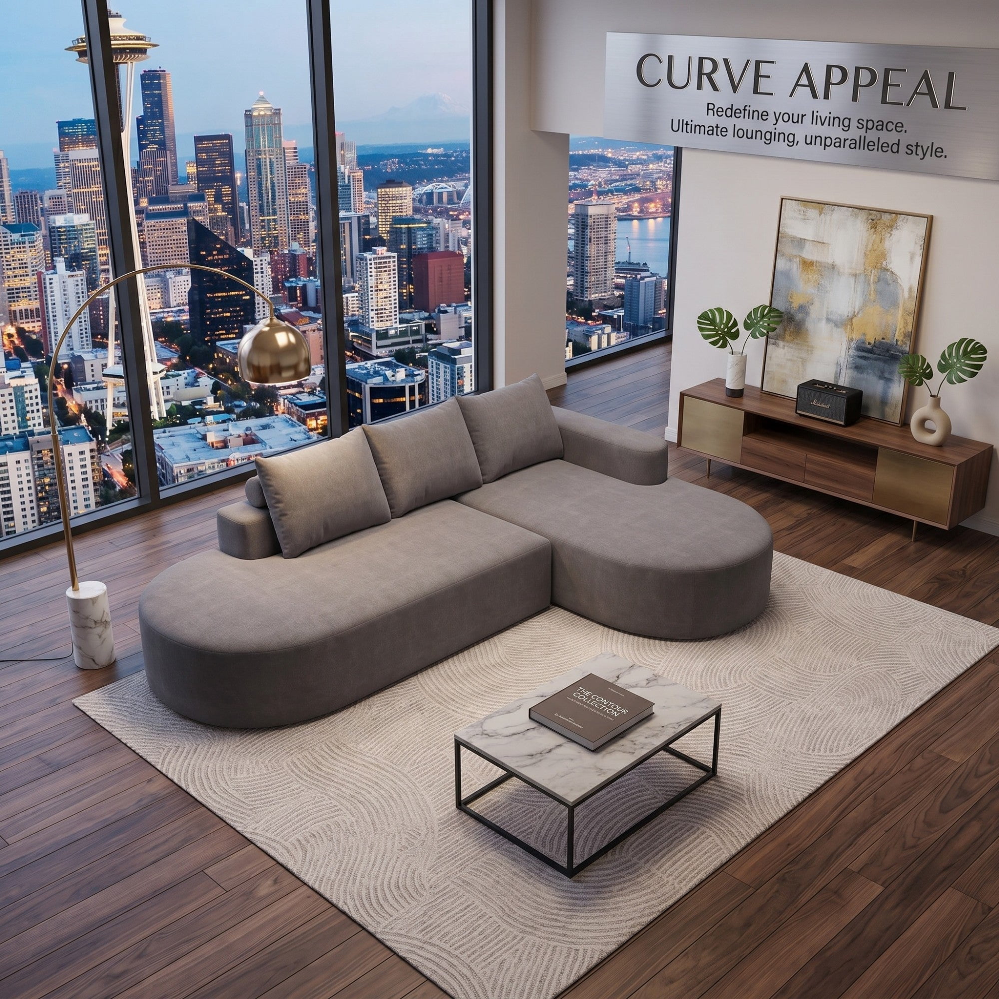 Sailvan 108.5" Modern Curved Chenille Sectional Sofa, Modular L-Shaped Couch with 3 Pillows Grey