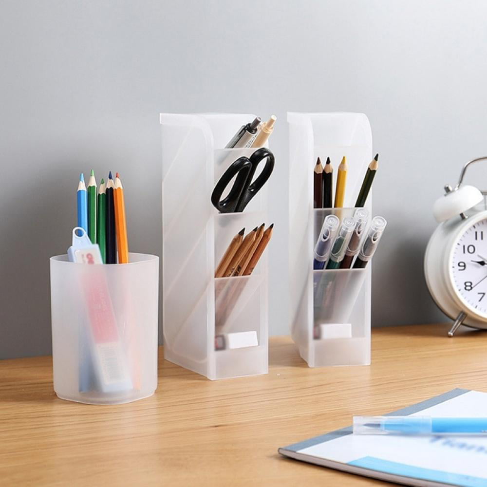 Transparent Pen Holder Storage Box School Office Stationery Desktop Organizer 