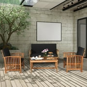Costway 4PCS Patio Solid Wood Furniture Set Conversation Coffee Table W/Black Cushion
