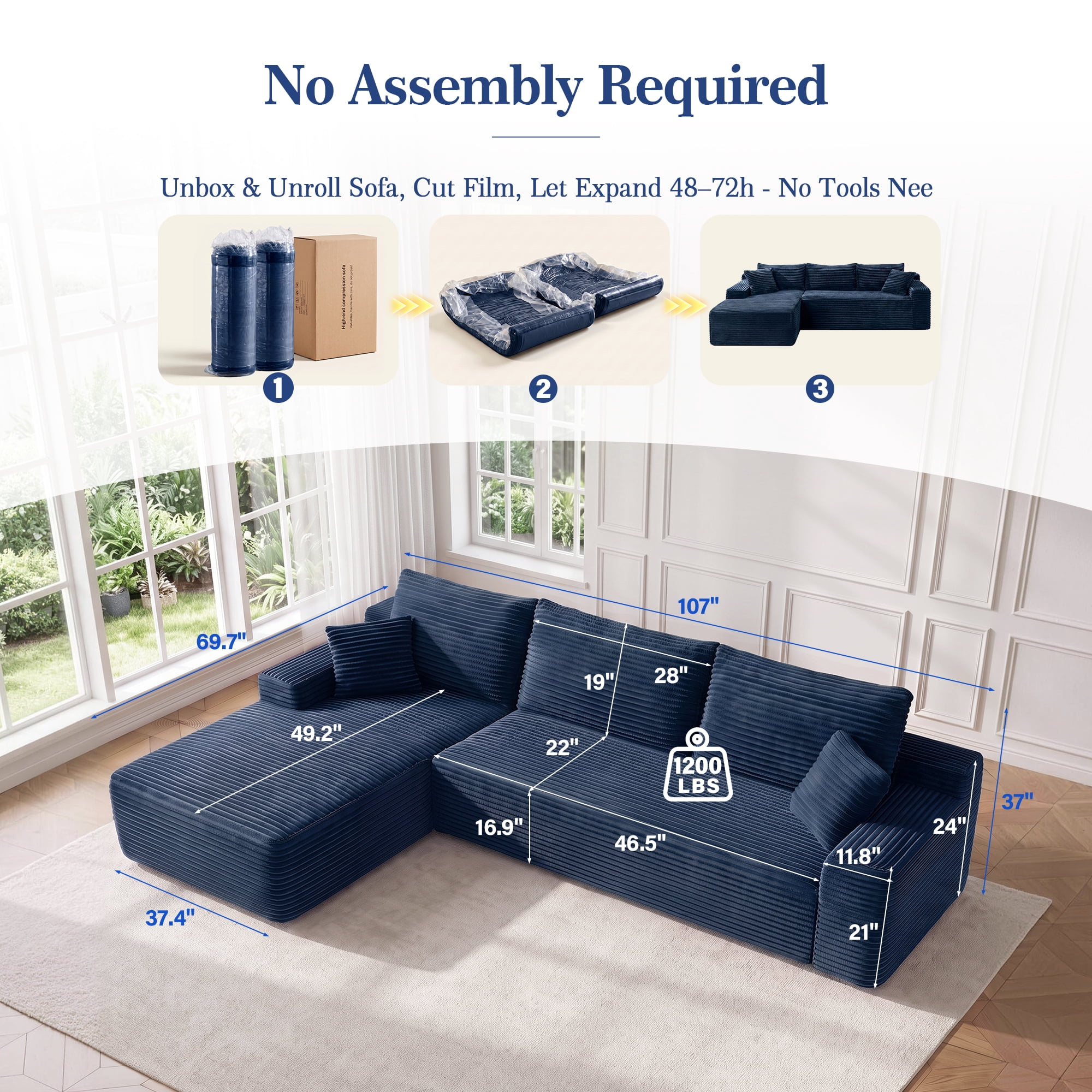 Aukfa 107" Boneless Modular Sectional Sofa, L-Shaped Corduroy Couch with Deep Seat and Left-Facing Chaise for Living Room, Blue
