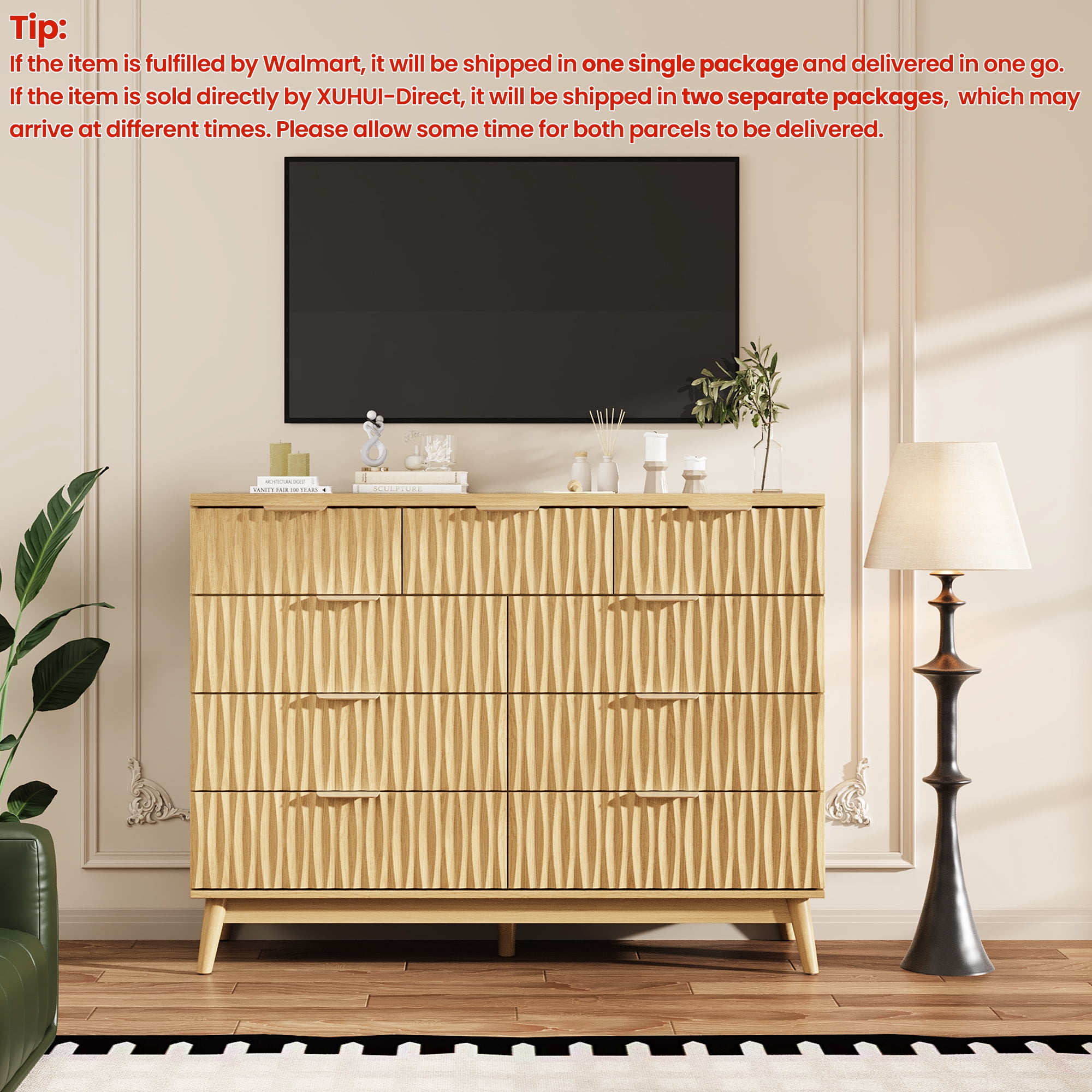 IDEALSOUL Oversized 9 Drawers Dresser for Bedroom, Wave Fluted Chest with Metal Handle, Wooden Dresser TV Stand, Wood Closet Clothes Storage Organizer for Living Room