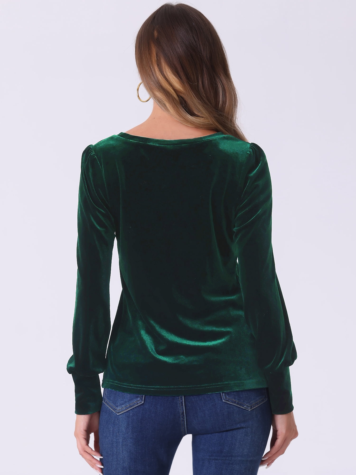 DARING DIVA Women's Velvet Crew Neck Puff Long Sleeve Blouses M Dark Green