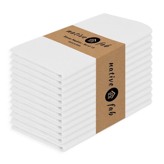 Native Fab Table Dinner Napkin Set of 12, Soft Cotton Reusable Fabric Cloth Napkins, 17x17 inches - White