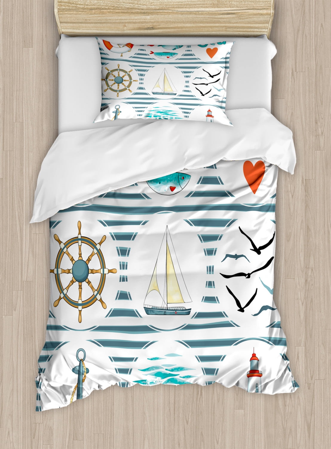 Nautical Duvet Cover Set, Sea Set with Fishes Lifebuoy Gulls Lighthouse
