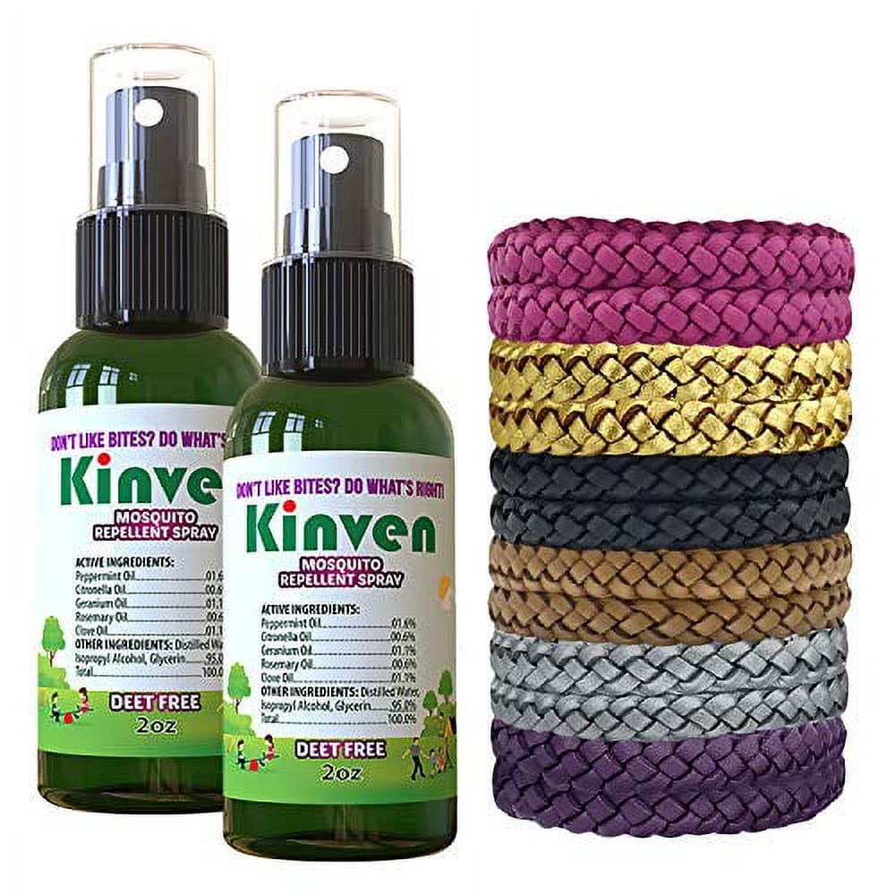Kinven Bracelets and Spray Pack for Mosquito - 2 x 2oz Bottle + 12 Bracelets Multi-Color Great Looking and Natural Insect Wristband & Spray Waterproof Indoor Outdoor Protection for Adults & Kids
