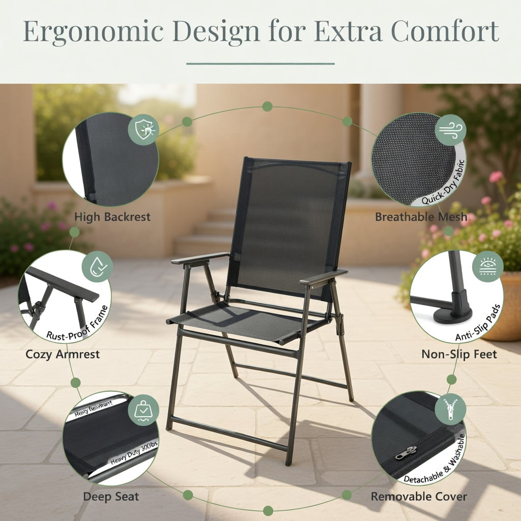 Hommoo 4-Pack Folding Patio Chairs with Rust-Resistant Metal Frame, Heavy-Duty Outdoor Chairs, Space-Saving Foldable Design for Backyard, Deck & Camping, Black