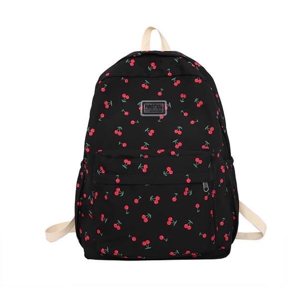 FUZHIQ Cherry Print School Backpack for 3rd 4th 5th 6th Grade, Ditsy Fruit Pattern Bookbag, Lightweight Casual Elementary Back to School Bag, Black
