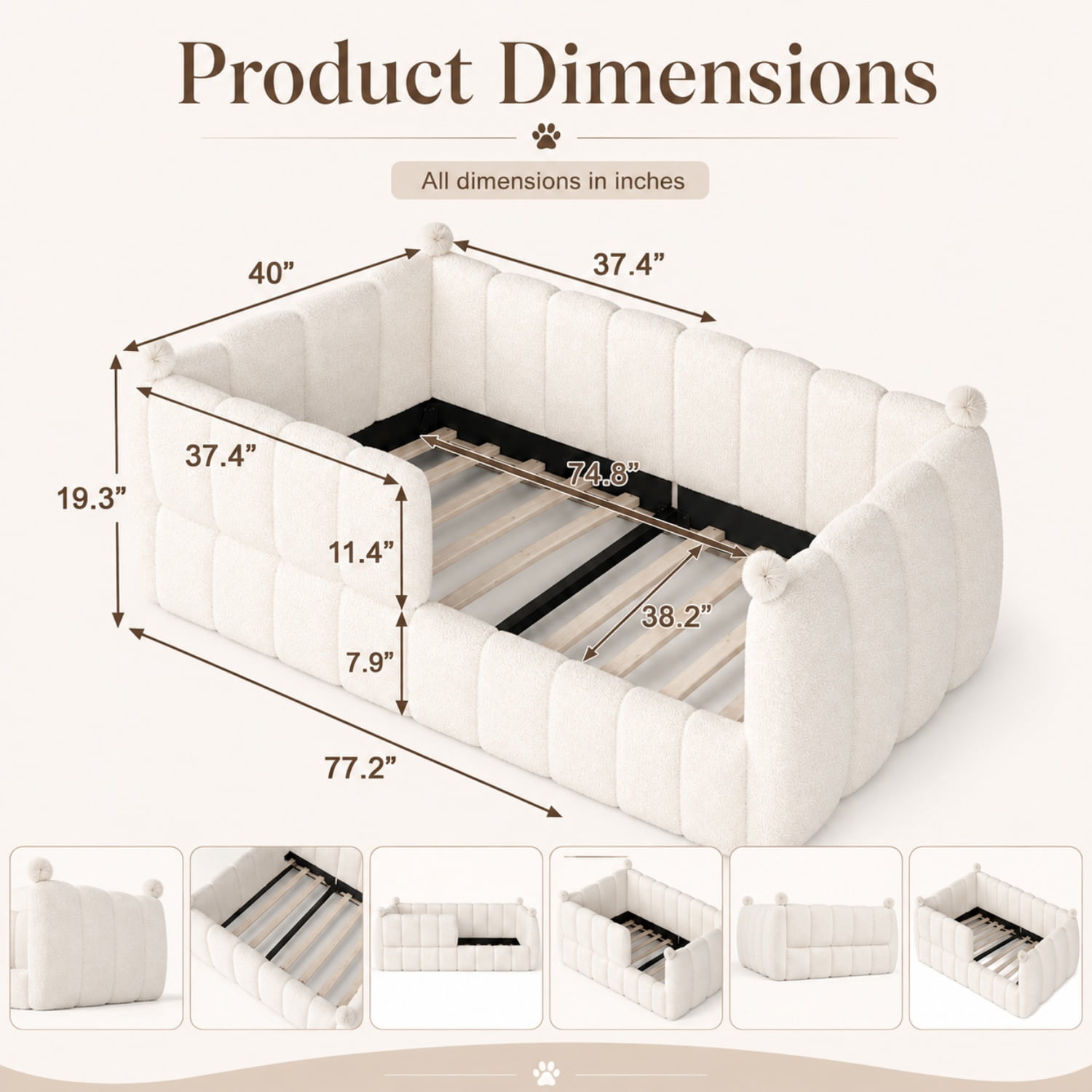 Miniyam Twin Size Kids Floor Bed with Soft Upholstered Guardrails, Low-to-Ground Montessori Bed Frame, Beige