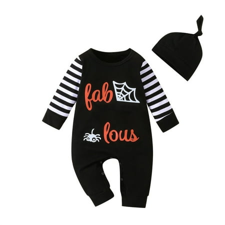 

YWLINK Toddler Kids Boys Girls Romper Halloween Crewneck Long Striped Sleeve Letter Prints Sweatshirt Bodysuit Jumpsuit with Hat