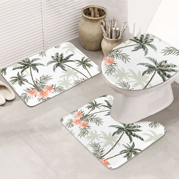 Bathroom Rugs Sets 3 Piece - Vintage Palm Trees Absorbent Non Slip Bath Mats, U-Shape Toilet Lid Cover, Contour Mat, Soft Washable Shower Mats Bath Rug Mat for Bathroom Tub Toilet