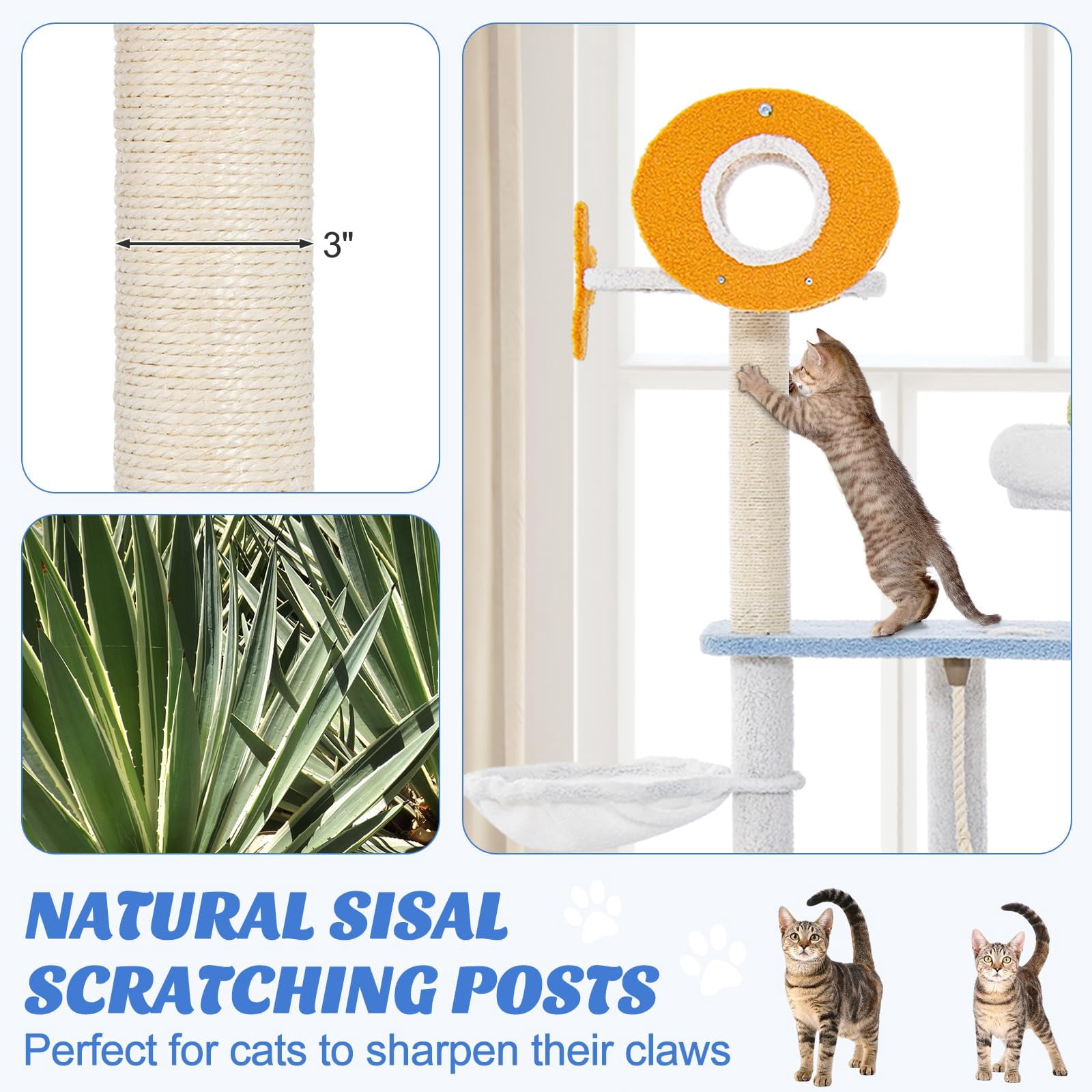 Multi-Level Ocean Themed Cat Tree for Indoor Cats, Large Cat Tower with Sisal Scratching Posts, Hanging Toys, Plush Perch, Modern Heavy Duty Design for Big Cats Up to 20 lbs, 66 Inches Tall, Blue