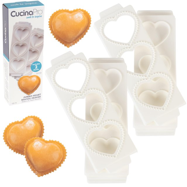 Jumbo 3" Heart Ravioli Molds (2 PK)- Homemade Filled Pasta Maker- 2 pc Tray & Press makes 3 Large Italian Raviolis at a Time, Easy to Use Clean- Date Night Dinner Party, Cooking Gift for Him or Her