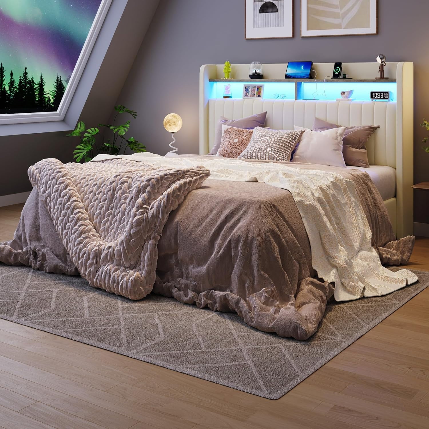 SHA CERLIN Queen Size Lift Up Storage Bed Frame, LED Lights, Charging Station, 2-Tier Shelves Headboard, USB Type-C Ports, Velvet Upholstered, Hydraulic Support, Noise Free, Cream