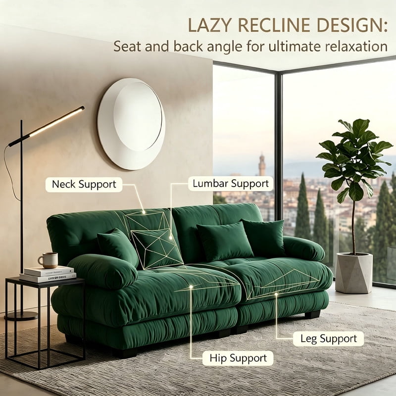 ANPPORT Cloud Couch Sleeper Sofa, Chenille Green 2-Seater Modular Sofa, 2 Lumbar pillows, 2 Pillows, Comfy Deep Seat Cloud Sofa, Convertible L-Shaped Floor Couch for Living Room