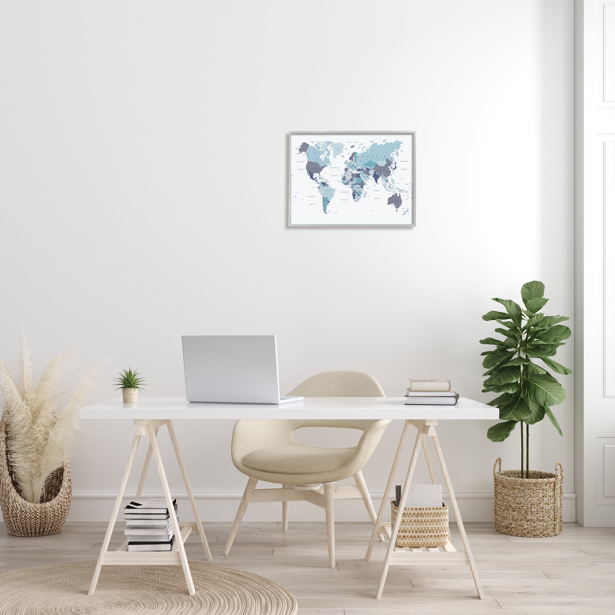 Stupell Industries World Map with Labels Monochromatic Blue Regions Novelty Painting Gray Framed Art Print Wall Art, 16 x 20, Design by Urban Epiphany