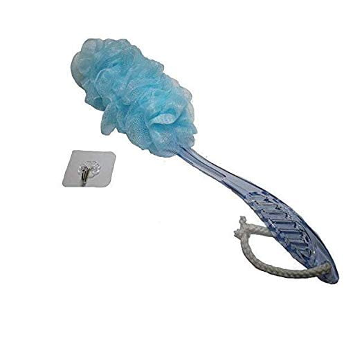 Body Mesh Puff Blue Crystal Handle Soft Brush Shower Bath Sponge Seniors Elderly Disabled Handicap Patients Pregnant Arthritis Sufferers Grandpa Grandma Grandparents plus an Adhesive Hook (Blue)