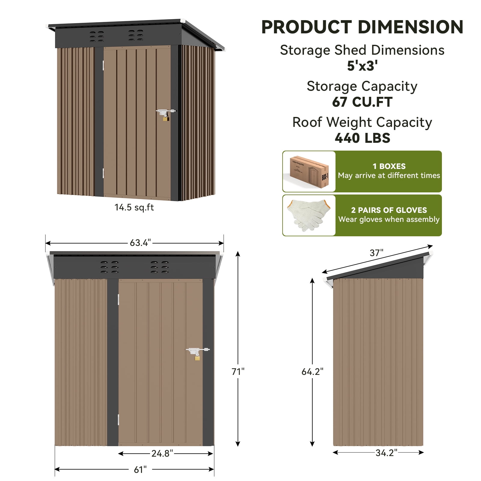 CLOUDREST PRO Metal Shed 5 x 3 ft. Outdoor Storage Shed with Lockable Door and Air Vent Metal Garden Shed,Brown