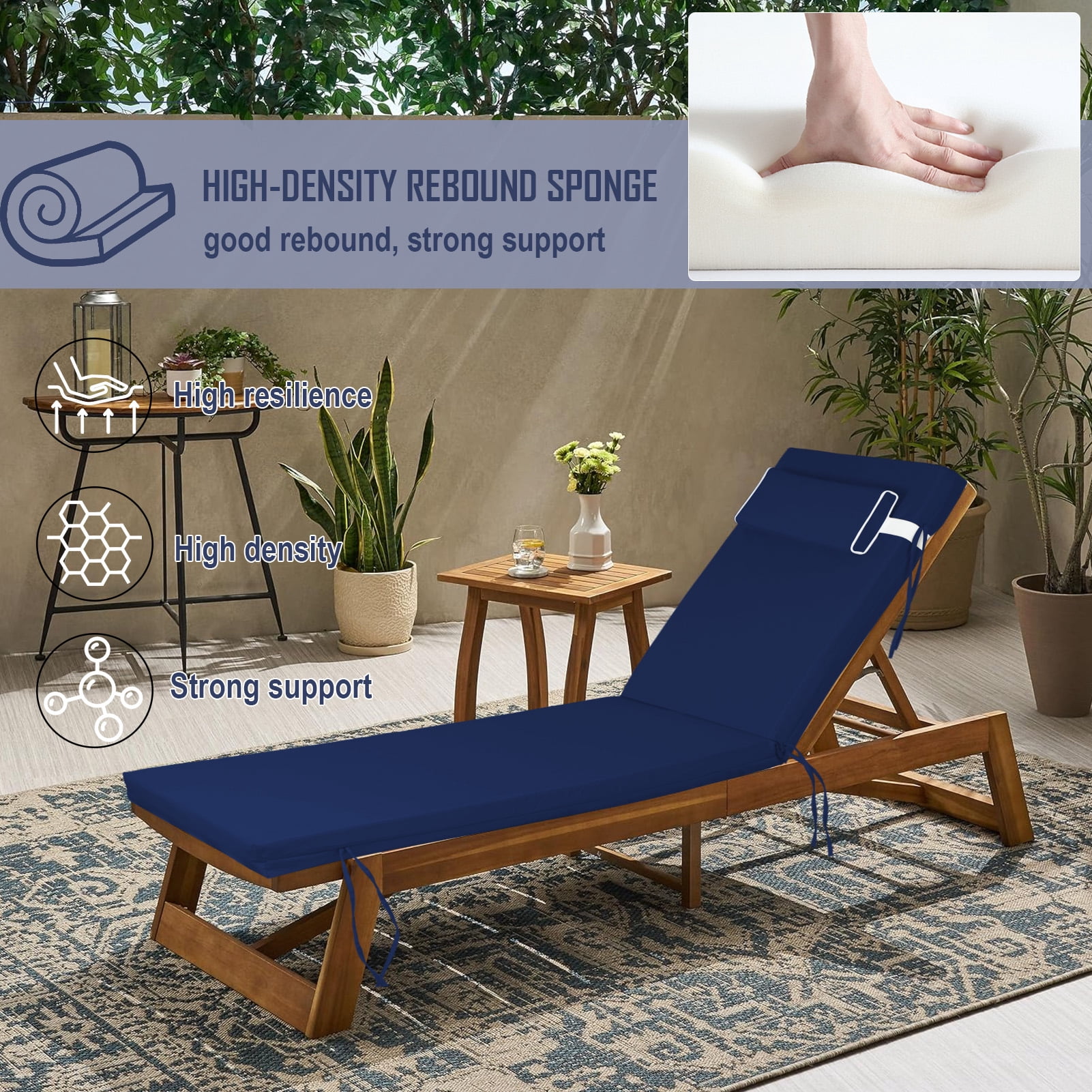 Outdoor Chaise Lounge Cushion with Adjustable Headrest and Straps