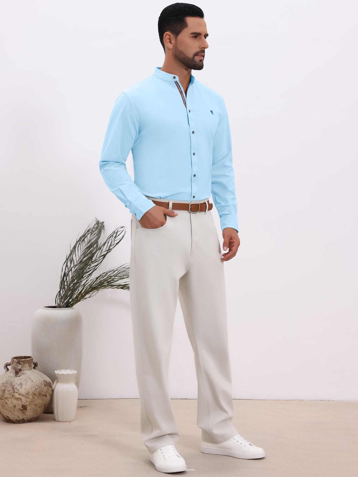 DARING DIVA Men's Stand Collar Long Sleeves Button Down Linen Shirts S Light Blue