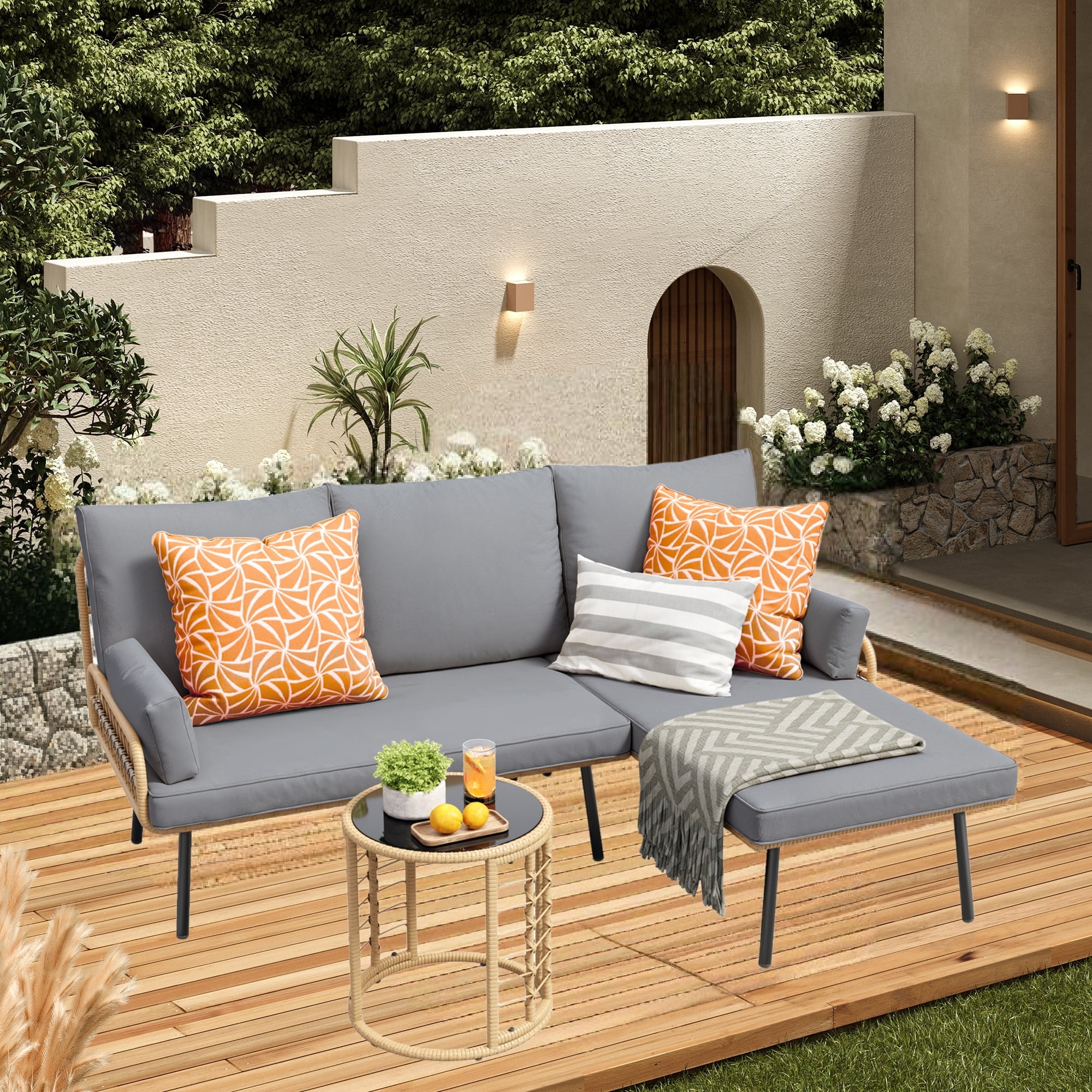 Outdoor Patio Furniture Set, Asofer Wicker Rattan L-Shaped Conversation Sectional Sofa Set with Thick Cushions & Table, Gray