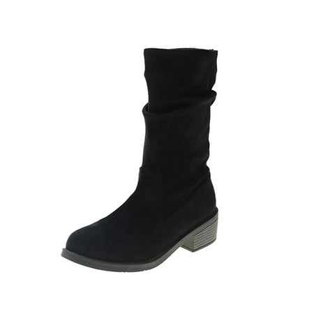 

Women s Wide Mid Calf Slouch Boots Chunky Heel Round Toe Hippie Dress Boots Solid Faux Suede Western Cowgirl Boots