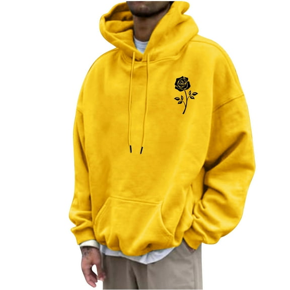 Comfy Sweatshirts for Men Hoodies Front Pocket Floral Print Long Sleeve Pullover Outerwear Sports Casual Tops (XL, Yellow)