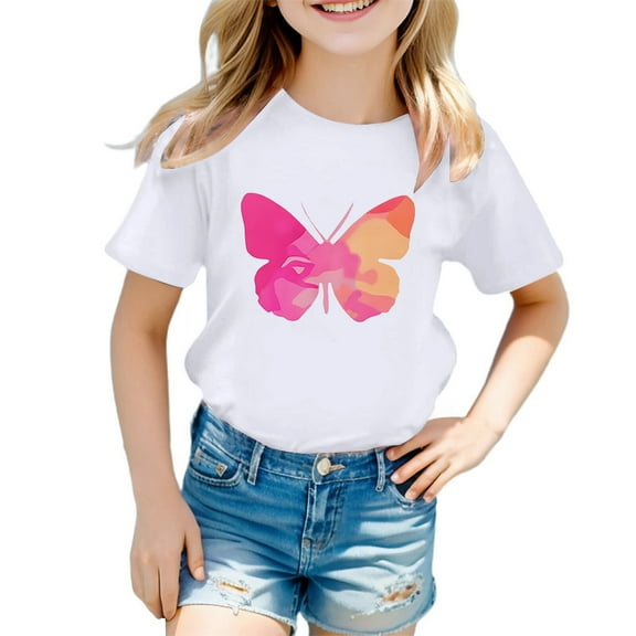 WMQPNNS Girls Summer Tops Casual Short Sleeve T-Shirts Kids Clothes Size 5 Crewneck Cotton T Shirt Printed Casual Loose Tunic Shirt Printed Tops(Size 3-4 Years, a-White)