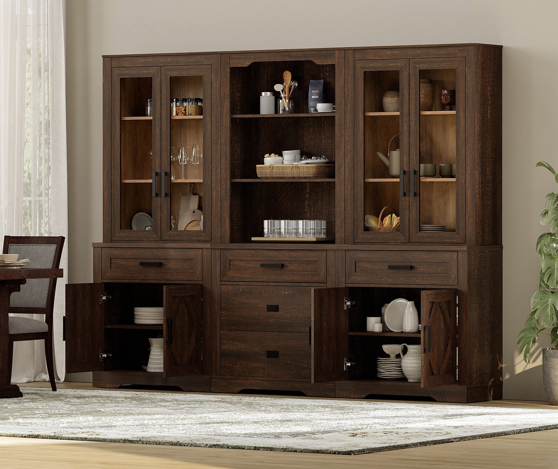 WAMPAT Modern Farmhosue 3-Column BookShelf Set,5 Tier Book Shelf with Open Storage and Glass Doors,73"H Tall Wood Bookcase with Storage Cabinet and Drawers for Study,Bedroom,Living Room,Espresso