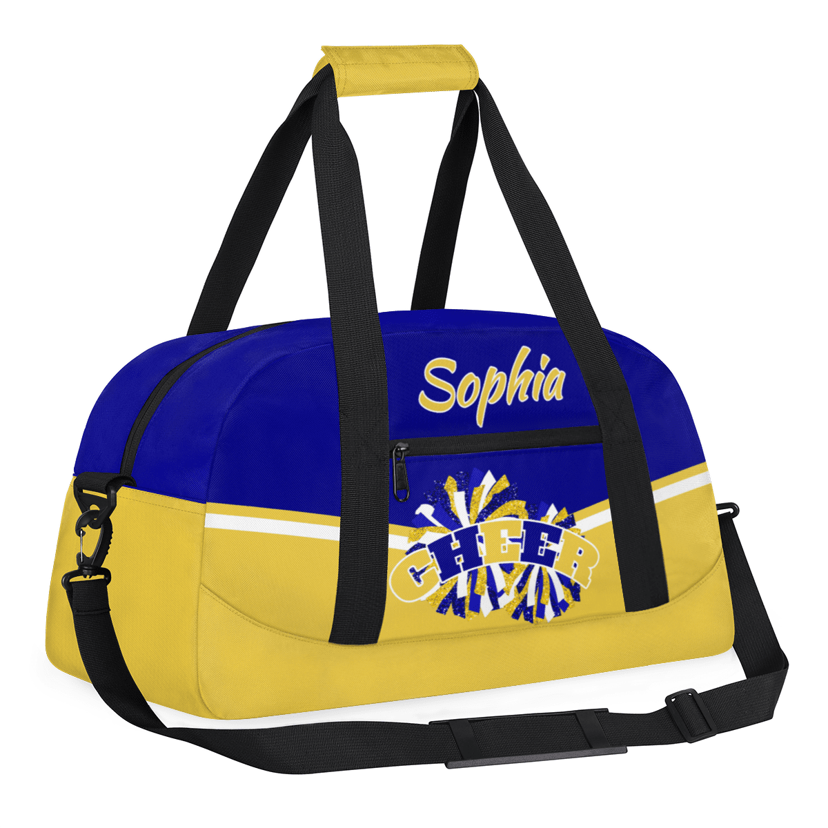 Jiaoprinted Personalized Cheer Bag, Custom Sport Duffel Bag with Name, Customized Cheerleader Dance Bag, Sport Gym Bag Overnight Weekender Bags, Blue Gold
