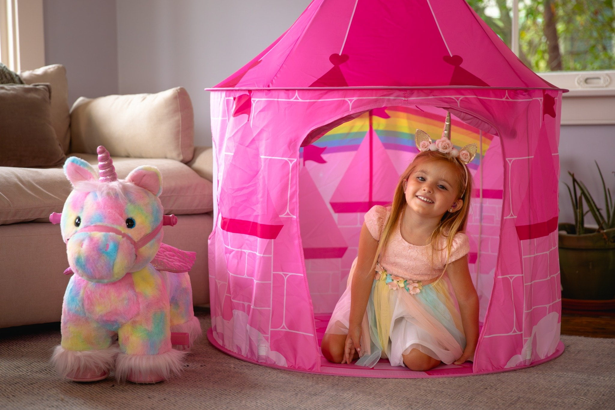 Dynacraft Unicorn 6V Plush Ride-On, Ages 18 Months-3 Years, With Pink Castle Tent, 1 Count