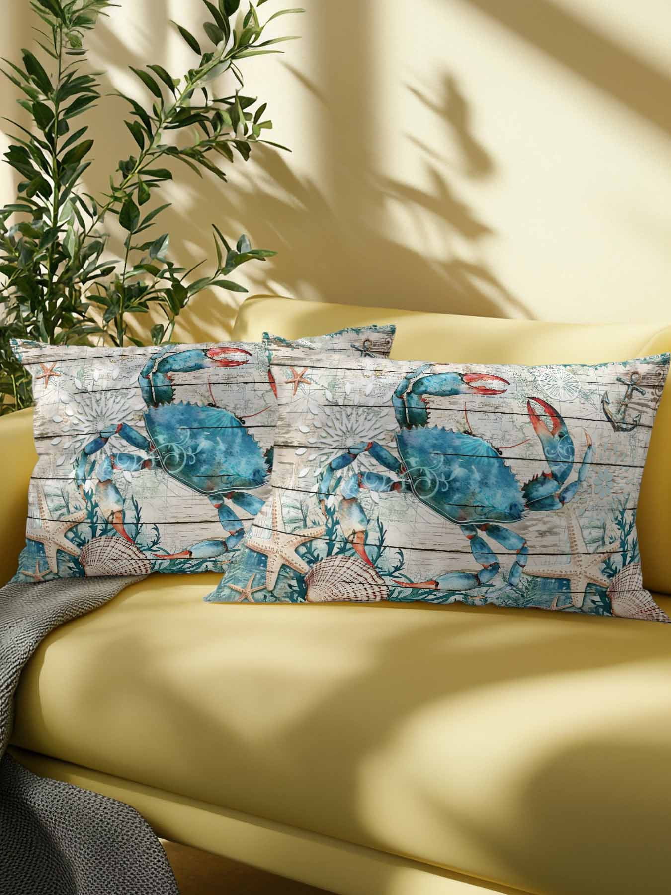 Outdoor Pillows Waterproof, Teal Crab Coastal Bedding Throw Pillows with Insert for Couch Sofa Bed, Summer Beach Nautical Starfish Retro 12x20 Inch Pillowcases Decorative Patio Pillow Set of 1