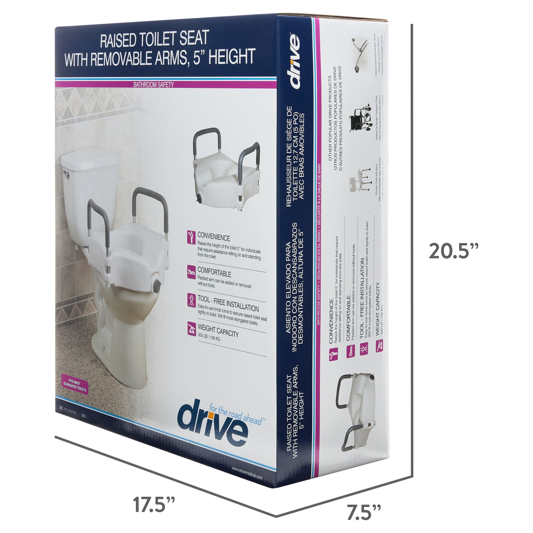 Raised Toilet Seat,Tool-free Removable Arms, Fits Standard Size with Lock  by Drive Medical Model # 12008KDR - Bathroom Safety - Browse Products