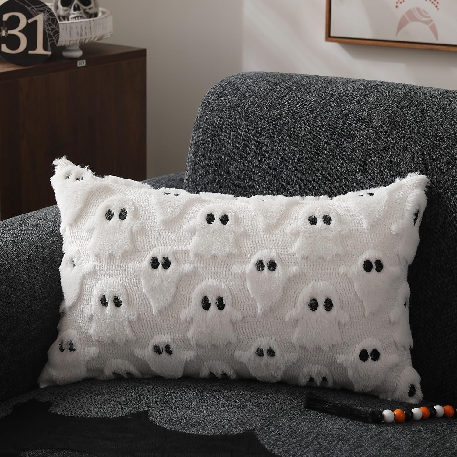 Set of 2 White Ghost Pillow Covers 12x20 Inch Happy Halloween Throw Pillow