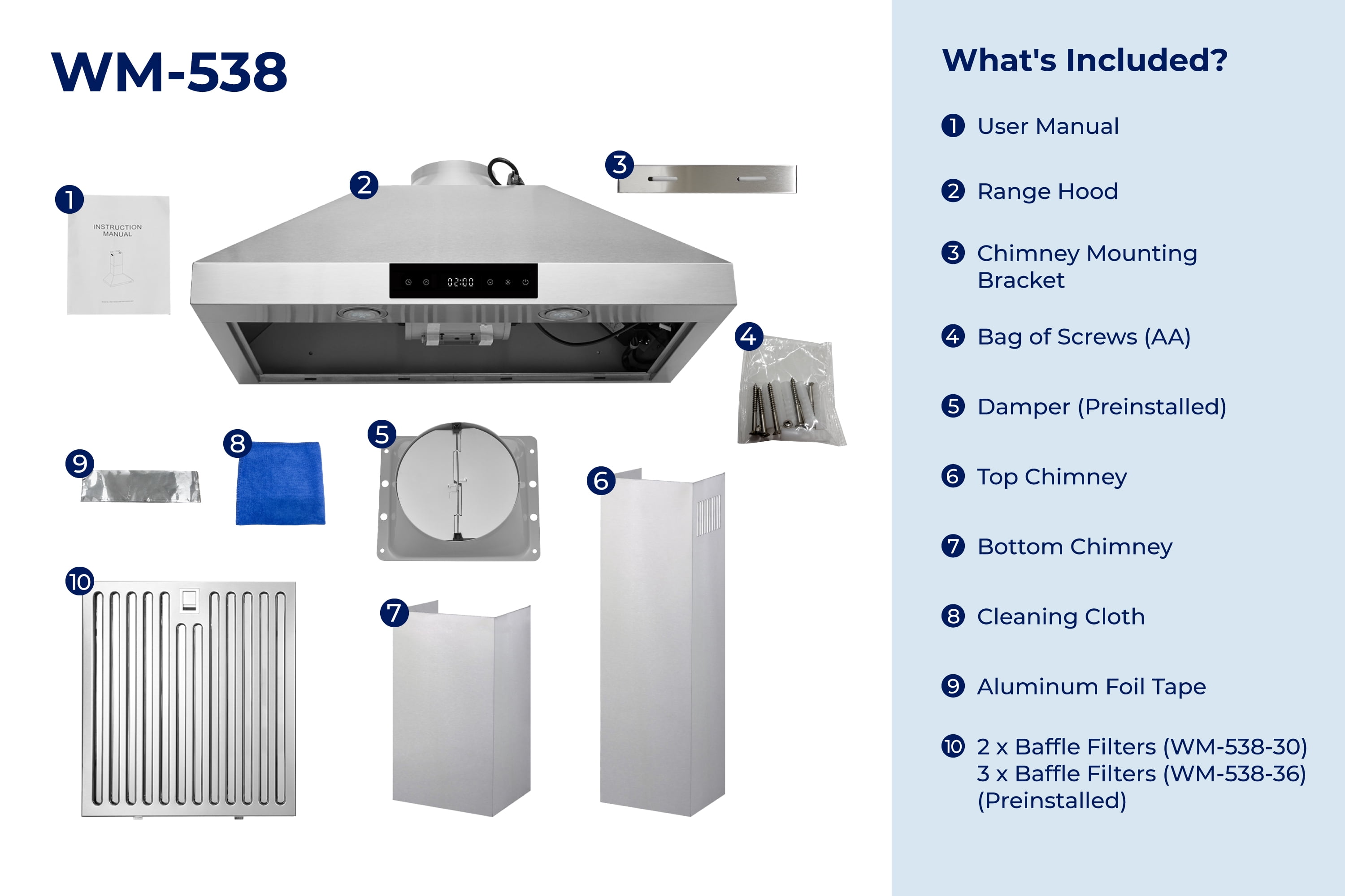 Hauslane Range Hood Wall Mount 30" Ducted or Ductless Kitchen Vent Hood 860CFM Stainless Steel Stove Hood - 6 Speed, Auto Shut-off, Touch Control, LED Lamps, Baffle Filters, WM538 Matte White