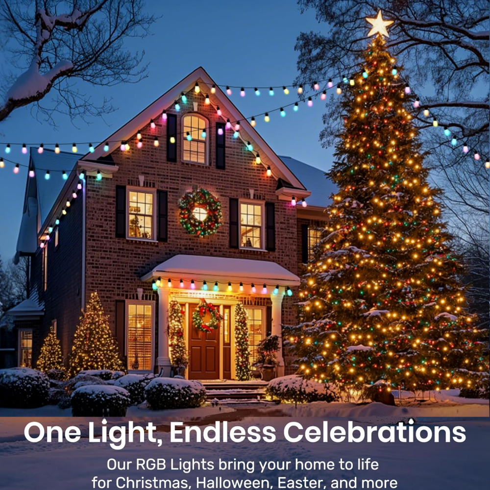 2 Pcs 48 Ft Christmas Smart Outdoor String Lights, RGB & Warm White Patio String Lights with 30 LED Bulbs, Works with APP Control, IP65 Waterproof for Decorations