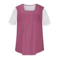 thumbnail image 4 of RYDCOT Women's Lace Short Sleeve Tunic Top Casual Square Neck Shirts Loose Fitting Shirts Blouse 2024 Fashion Summer Clothes Sale or Clearance Pink, 4 of 5