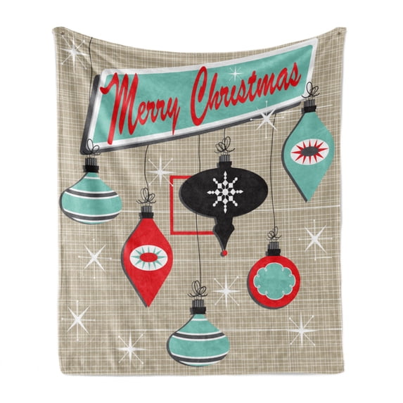 Christmas Soft Flannel Fleece Blanket, Retro Style Inspired Noel Slogan with Hanging Baubles on Doodle Grid Frame Print, Cozy Plush for Indoor and Outdoor Use, 70" x 90", Multicolor, by Ambesonne