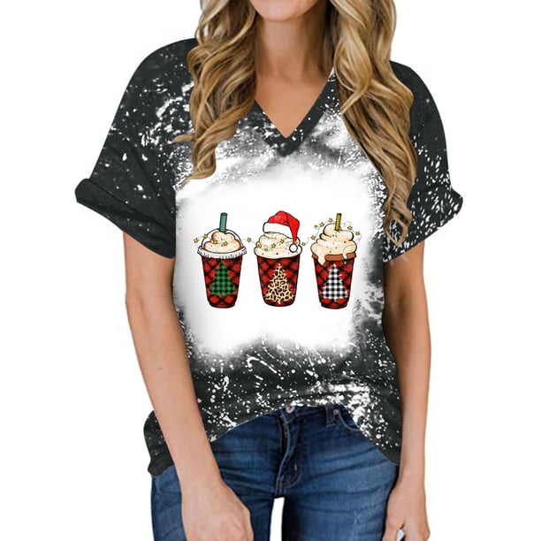 Camisas Navideñas Para Mujer, Blusas Con Estampado de Letras Divertidas de Verano, Camisetas Informales Con Cuello en V, Camisetas de Manga Corta Odeerbi ODB195621