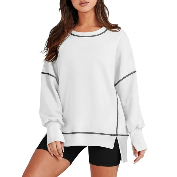 Sudadera Informal de Cuello Redondo para Mujer, de Larga, Holgada, , con Costuras en Contraste, para Otoño. M