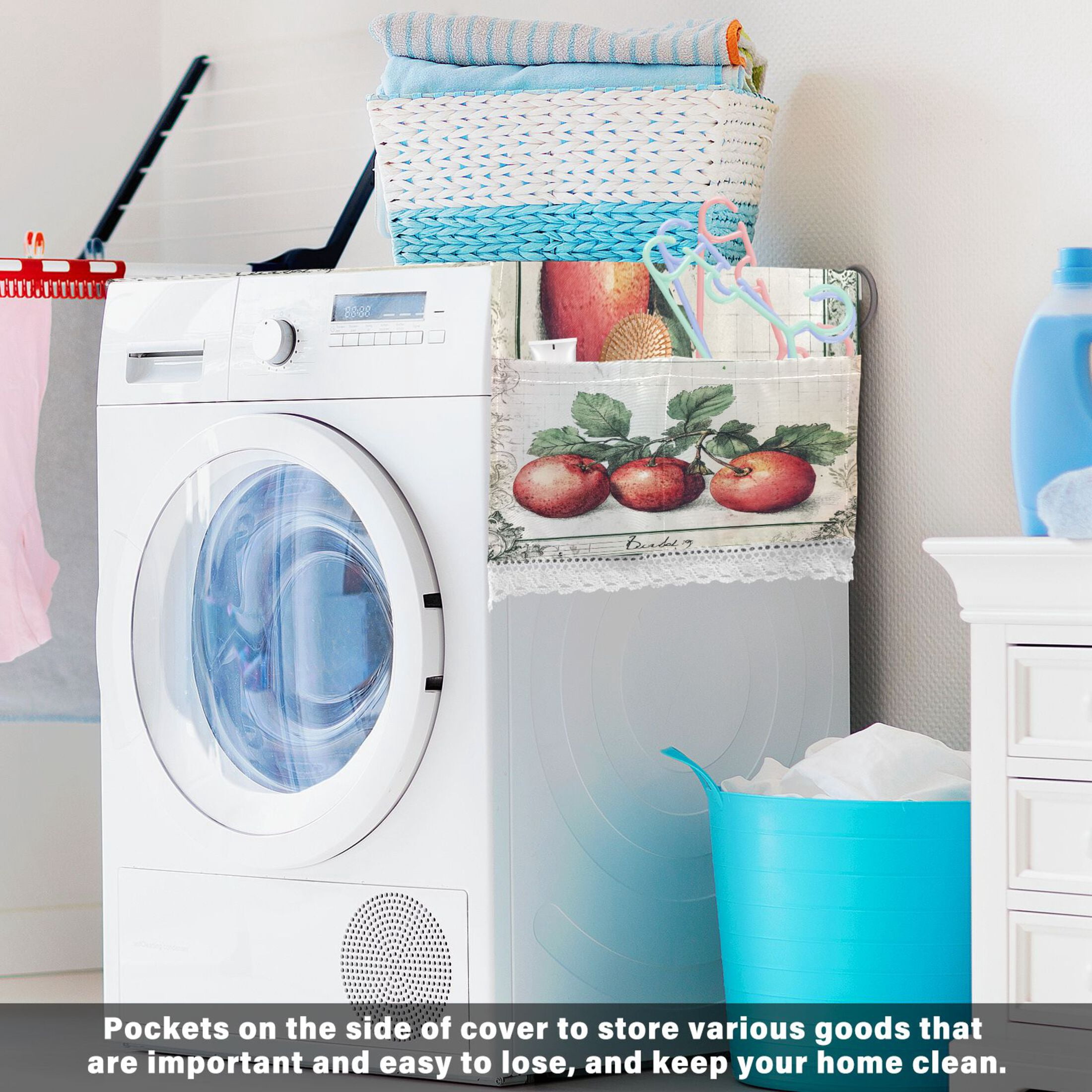 Red Fruit PictureWasher and Dryer Covers Dust-Proof and Oil Resistant Fridge Cover with 4 Storage Pockets Washing Machine Top Cover for Laundry Kitchen Home 51.2 x 22 In