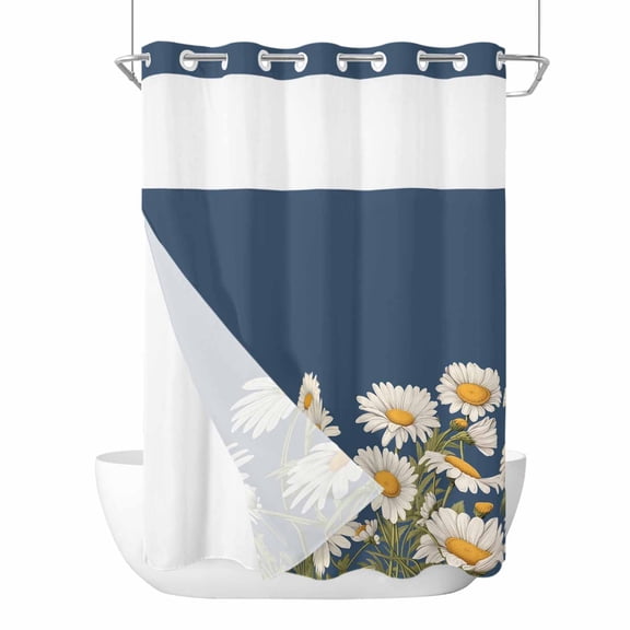 No Hook Shower Curtain, Daisy Long Bathtub Curtains with Snap in Liner, Spring Floral Summer Botanical Elegant Navy Blue Waterproof Washable Fabric Shower Curtain Set, 72"W x 84"L