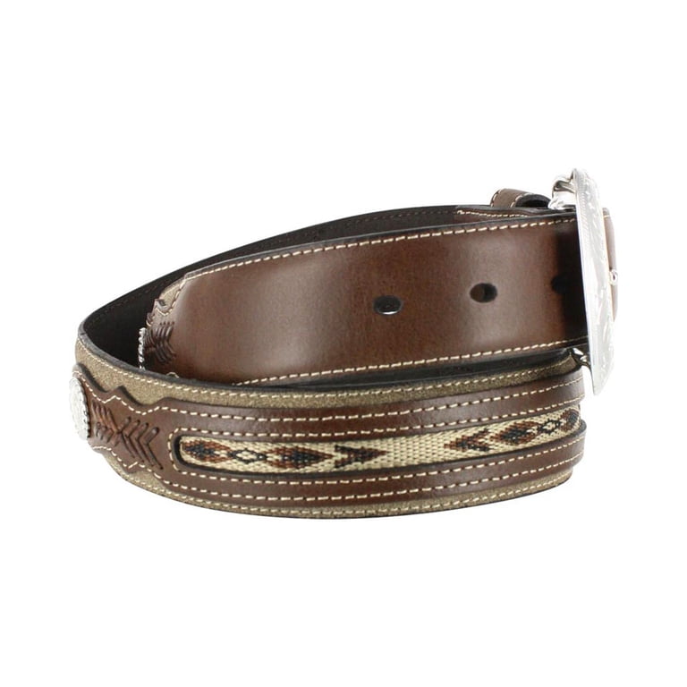 Nocona Men's Top Hand Brown Leather Belt With Middle Inlay & Silver Buckle