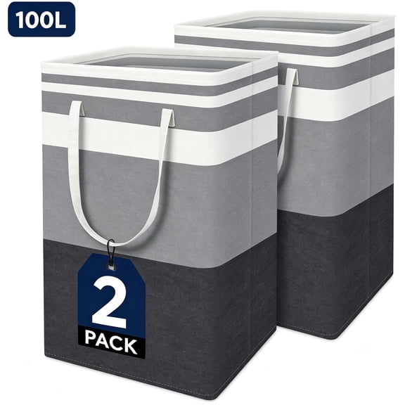 2 Pack Collapsible Laundry Basket, 100L Large Capacity Foldable Open Top Fabric Laundry Bin with Handles, Waterproof Storage Organizer for Bathroom Bedroom Dorm