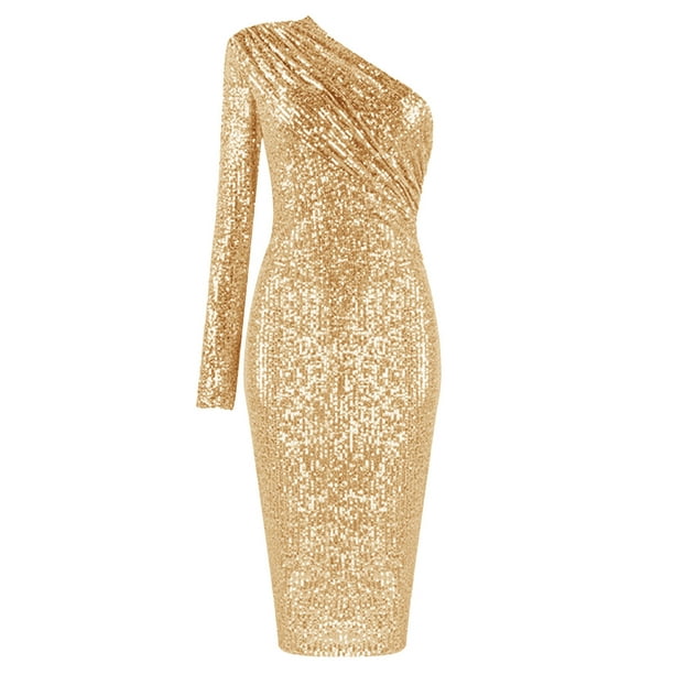 Women's Dress Fashion Long Dress Shoulder Ruched FCold Sequin Skinny Solid Dress - Walmart.com