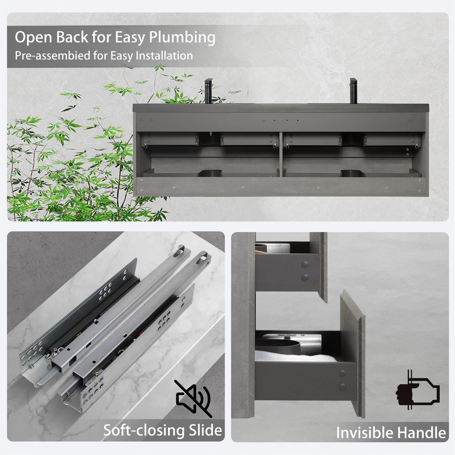 Demi Bonn 70" Floating Bathroom Vanity with Sink, Double Black Quartz Sand Top Basin and 4 Soft Close Drawers, Faucets and Drains Not Included, Gray