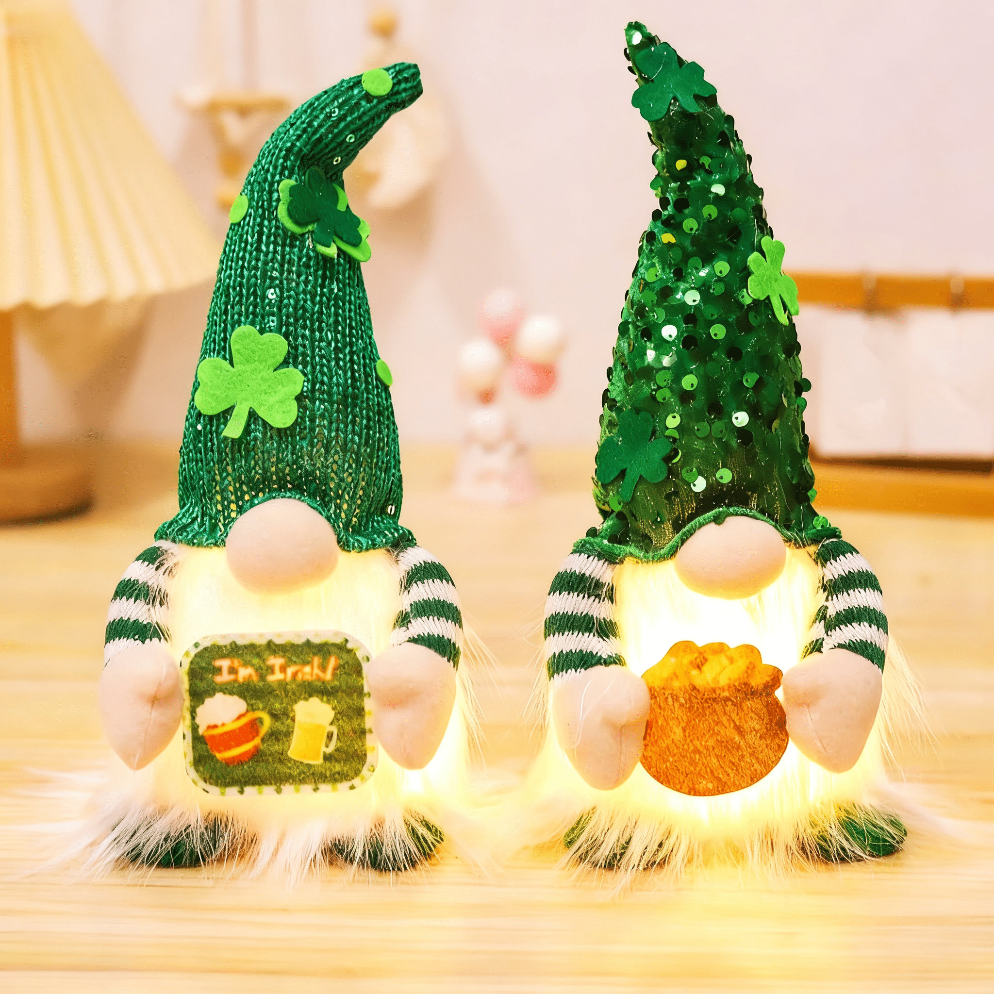St Patrick's Day Gnome Plush with LED Lights Lucky Irish Guardian Decor