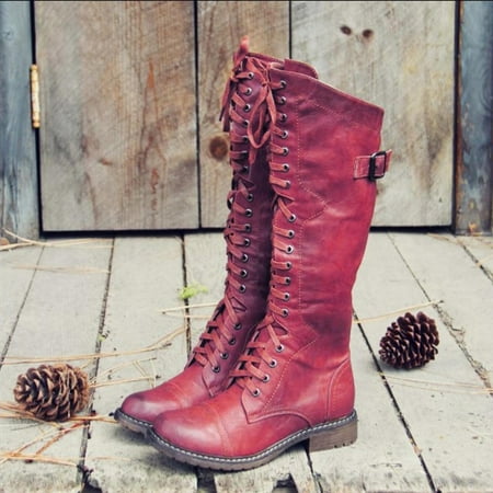 

purcolt Women s Wide Calf Knee High Boots Western Cowboy Cowgirl Boots Lace Up Distressed Retro Boots Round Toe Low Heel Combat Boots Fall Winter Casual Fahsion Long Boots Clearance Sale