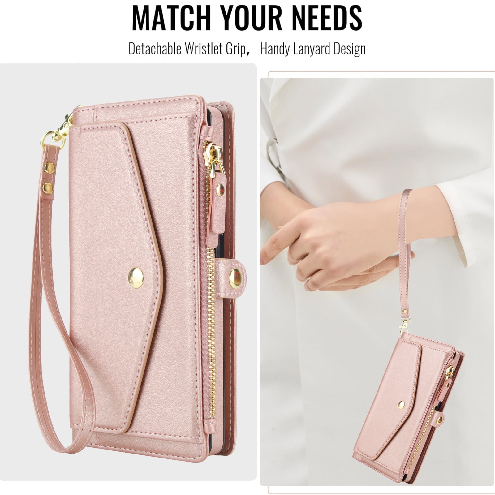Designed for Samsung Galaxy S25 Ultra Multi-Function Wallet Phone Case,With Shoulder Strap&Wrist Strap,Cash Pocket&Card Slots,Zipper Purse,Magnetic Detachable PU Leather Flip Phone Case,Rosegold