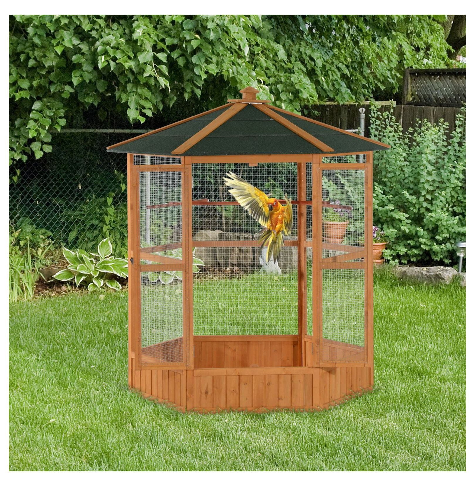 69" Large Wooden Bird Aviary, Hexagonal Outdoor Flight Cage with Roof - Brown