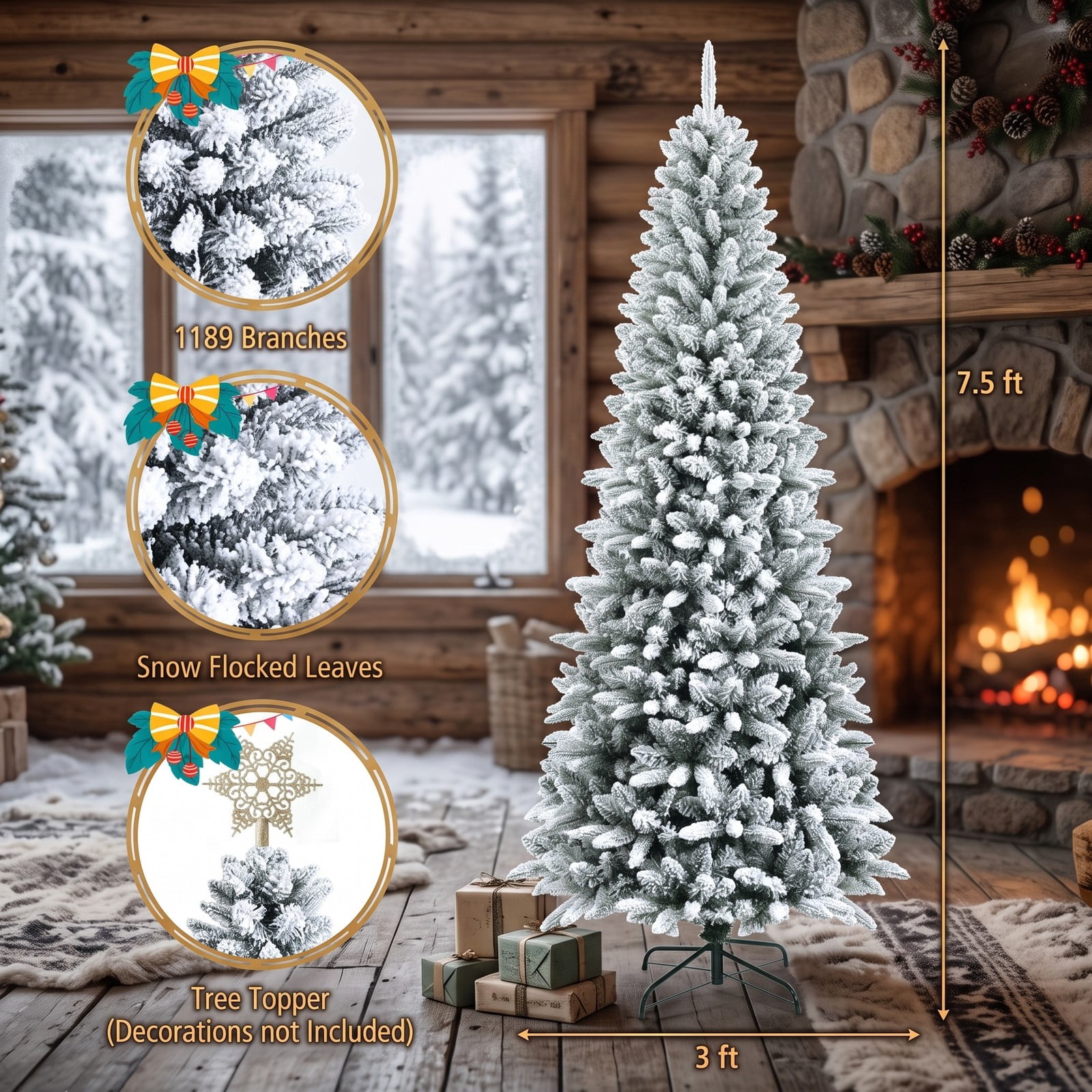 RUIE 7.5 ft Snow-Flocked Hinged Artificial Christmas Pencil Tree, Slim Unlit Xmas Tree with 1189 Mixed Tips and Metal Stand for Holiday Home Office Party, White